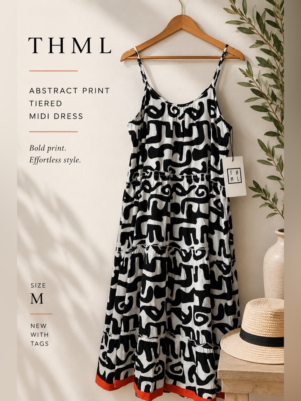 THML Abstract Print Tiered Midi Dress Black & White with Coral Trim